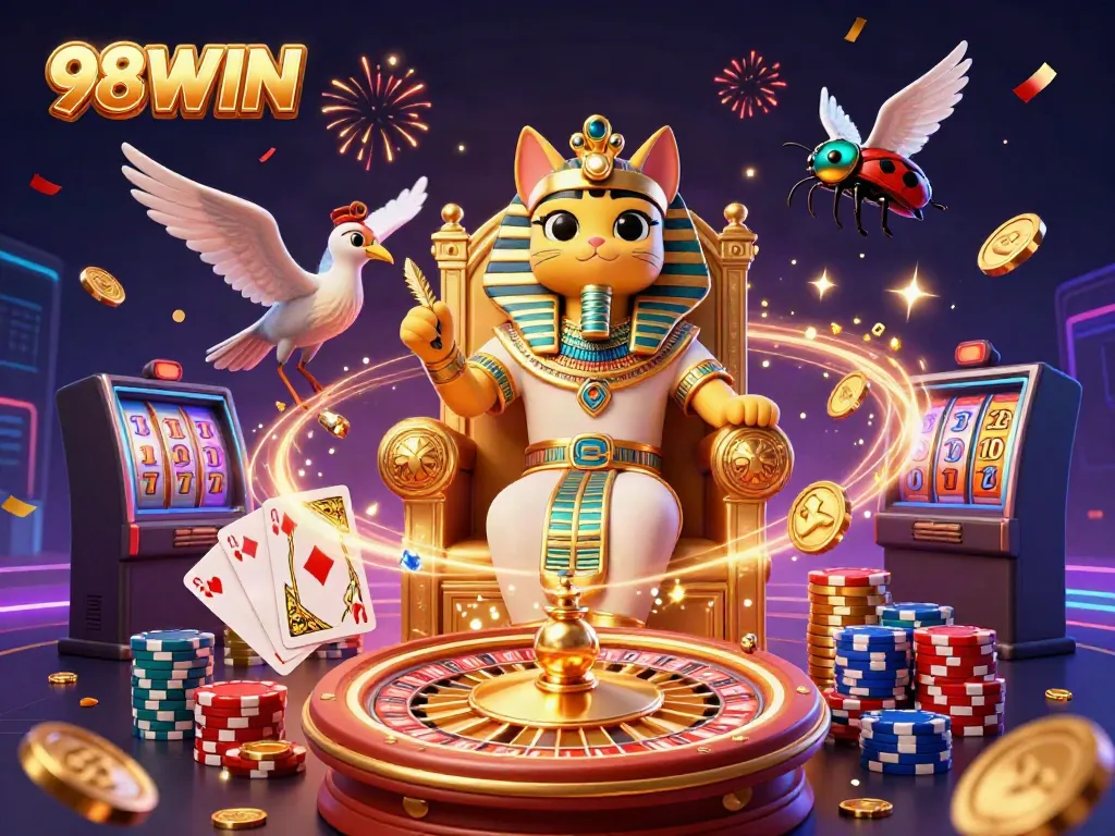Experience the excitement of 98WIN as the Egyptian pharaoh cat reigns over a dazzling casino scene.