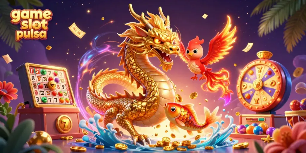 Spin vibrant game slot pulsa with a golden dragon, phoenix, and koi fish amidst colorful casino elements.