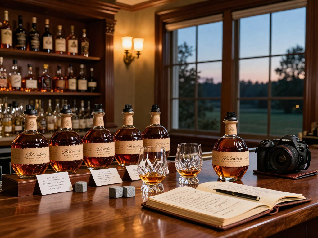 Enjoying Blanton's Single Barrel Bourbon in an upscale home bar with crystal glasses and warm lighting.