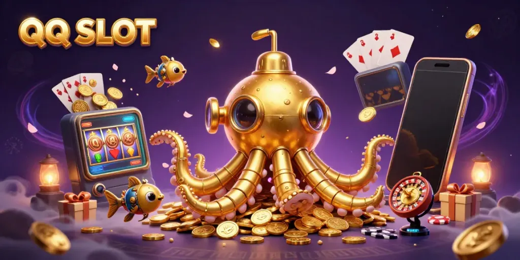 Engage with QQ SLOT adventures through a 3D kraken submarine rising from golden coins, showcasing thrilling wins.