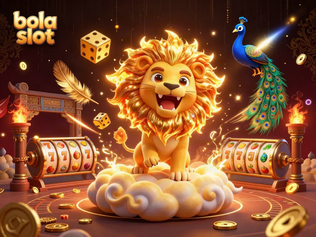 Bola slot dynamics come alive in this vibrant 3D casino illustration featuring a roaring sun lion and spectacular golden dice.