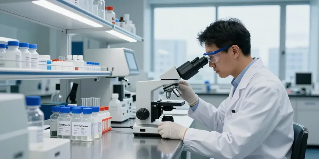 Scientist examining SwissChems peptides in a modern lab setting.