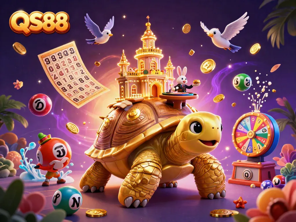 Engage in thrilling gameplay at QS88 with vibrant lottery elements and a bustling casino-themed scene.