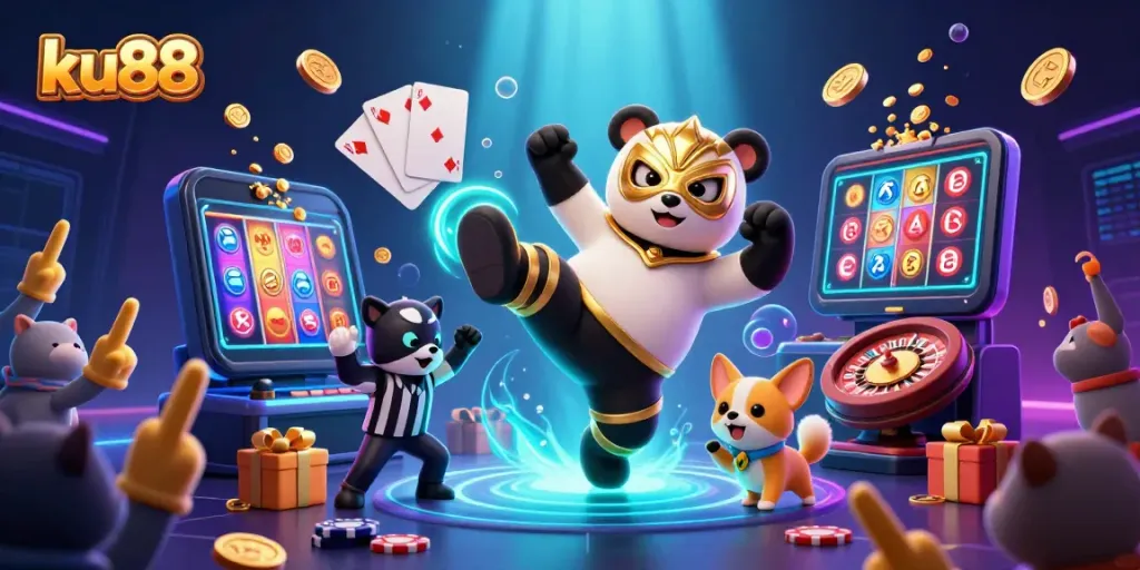 ku88 lively casino scene with a panda wrestler, coins, cards, and cheering animals.