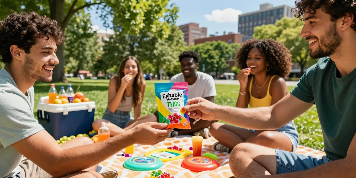 Friends enjoying THC gummies in a sunny park setting, see the top picks for perfect relaxation.