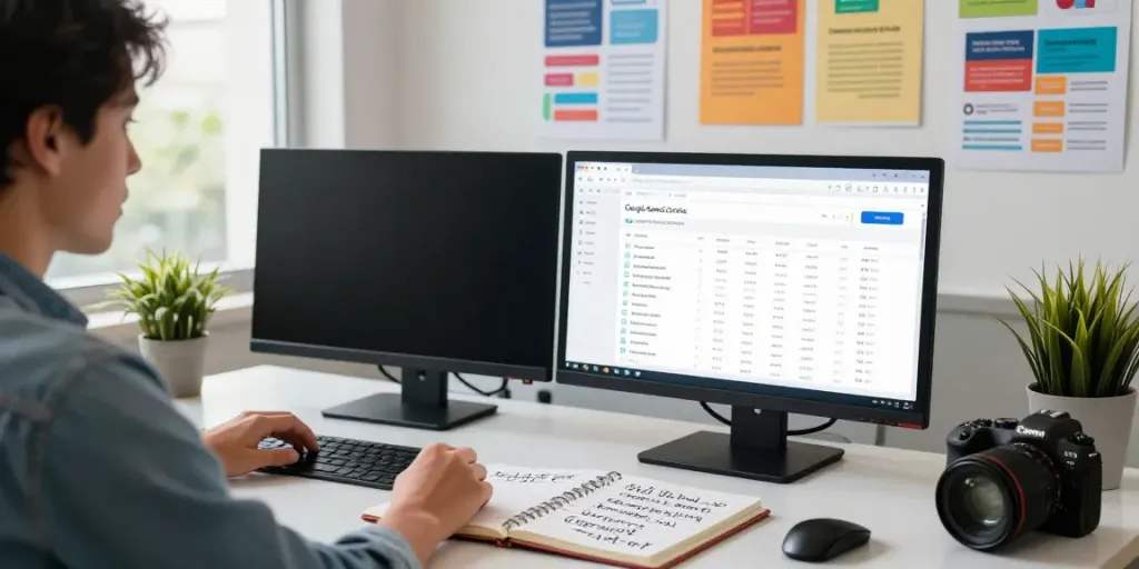 SEO professional analyzing instant indexing data in a vibrant marketing workspace