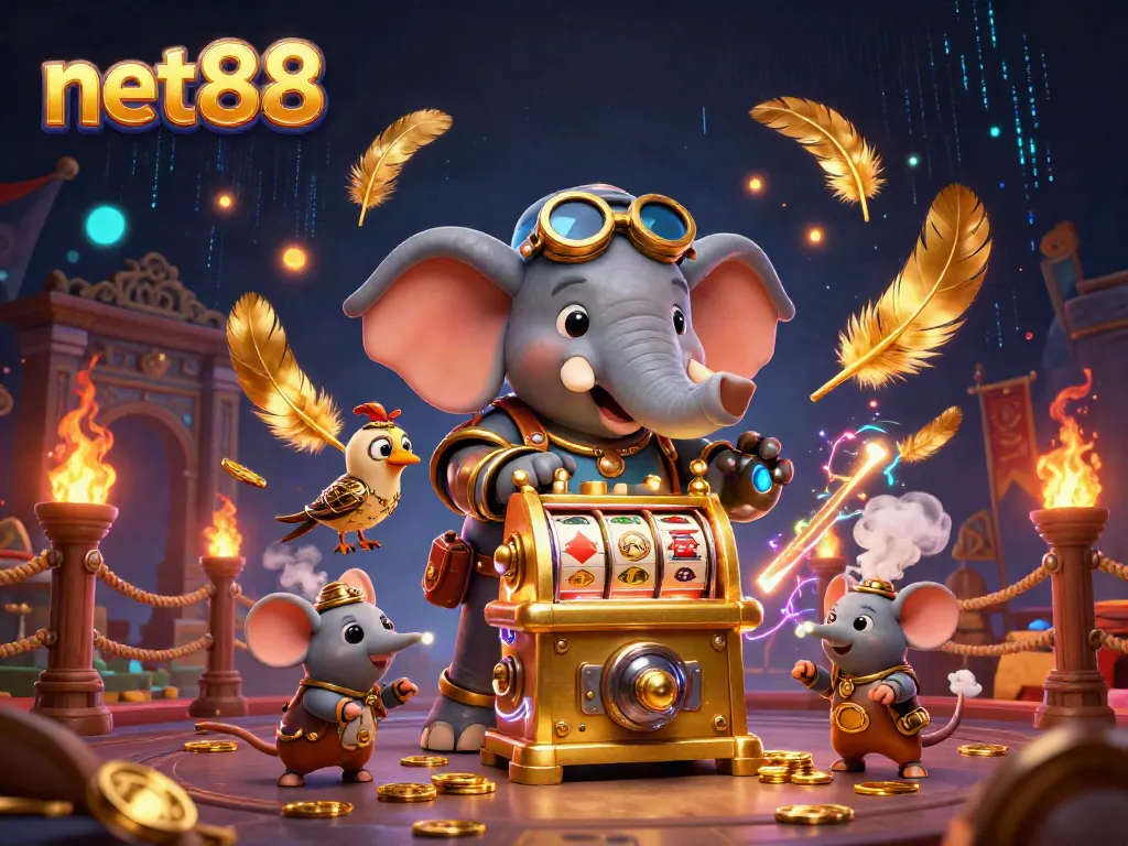Experience thrilling gaming action with net88 at a vibrant online casino featuring colorful characters and energetic scenes.