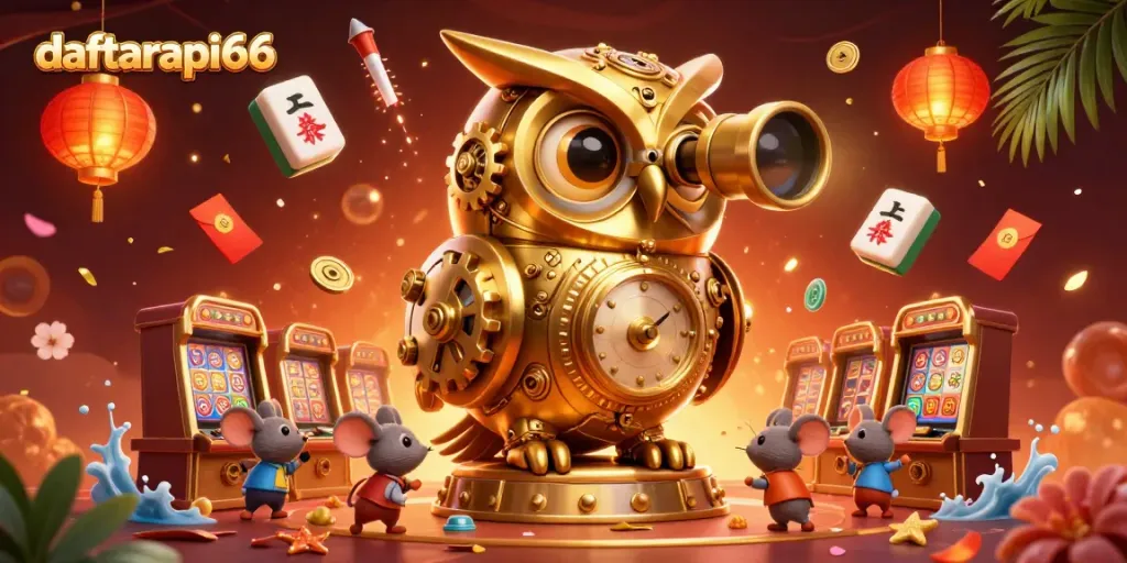 Engage with thrilling slots at daftarapi66, featuring a grand golden owl observing the vibrant casino floor.