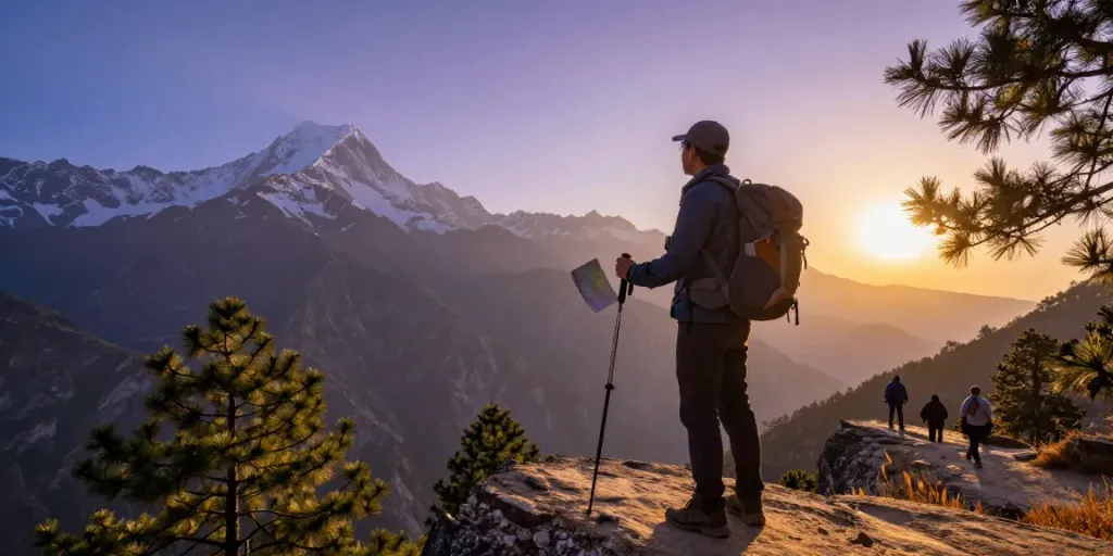 Trek to Manaslu Circuit with traveler at scenic viewpoint during sunset, showcasing mountains and adventure.