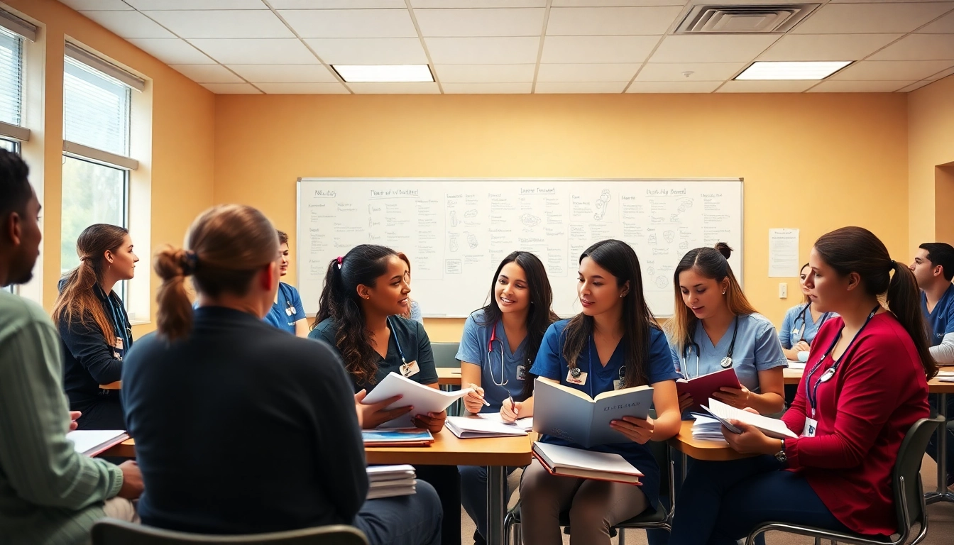 Engaged students at the Houston Trusted NCLEX review center collaborating during a study session.