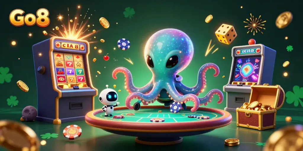Experience the excitement of Go 8 with a lively digital casino scene featuring vibrant characters and games.