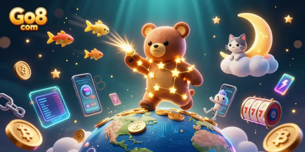 Experience winning moments at Go8 com with a constellation bear, coins, and vibrant casino elements.