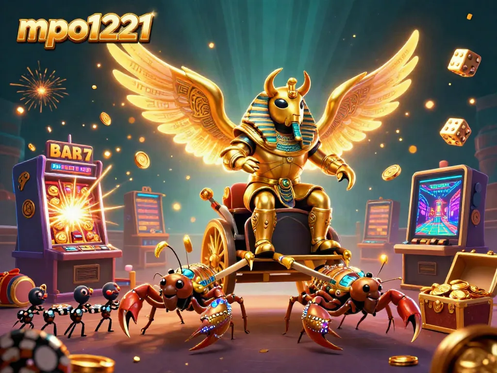Engage with mpo1221's vibrant casino scene featuring a golden scarab beetle and dynamic slot machine elements.