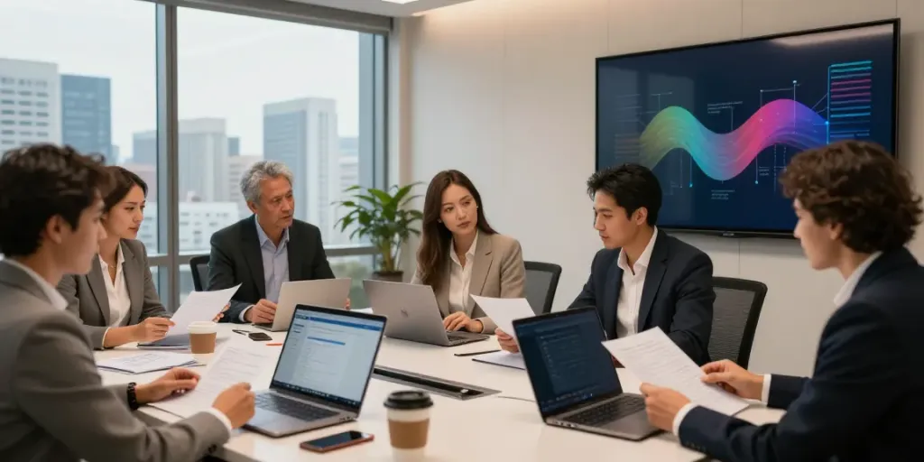 Team collaborating using BPI Net Empresas in a modern office setting.
