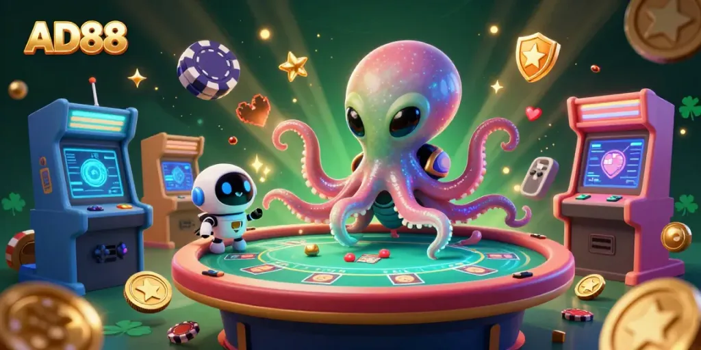 Engage with AD88's vibrant casino universe featuring an alien octopus managing a holographic poker game.