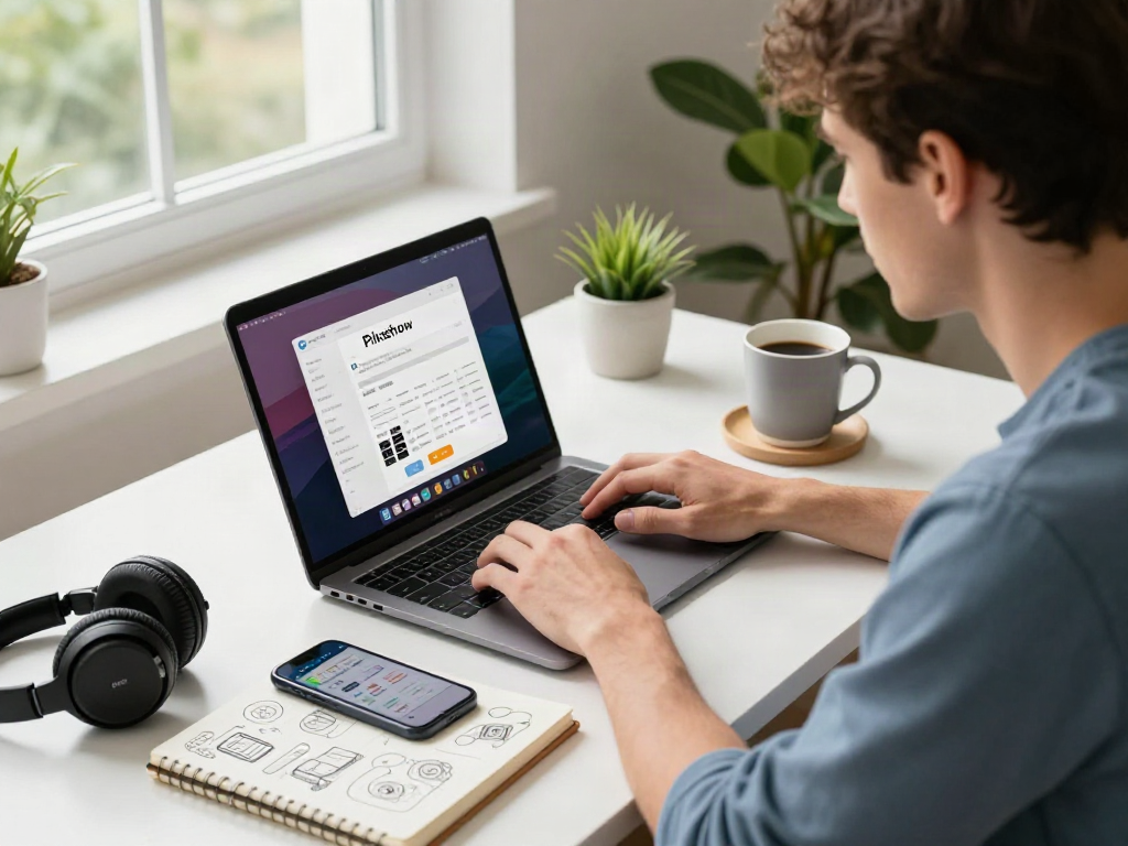 Engaging workspace with a young man focused on Download Pikashow Apk on his laptop amidst a cozy home office setup.