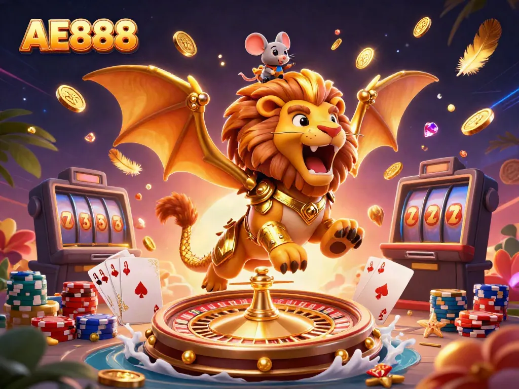 Experience thrilling gameplay at AE888, featuring a vibrant 3D chimera and dynamic casino elements.
