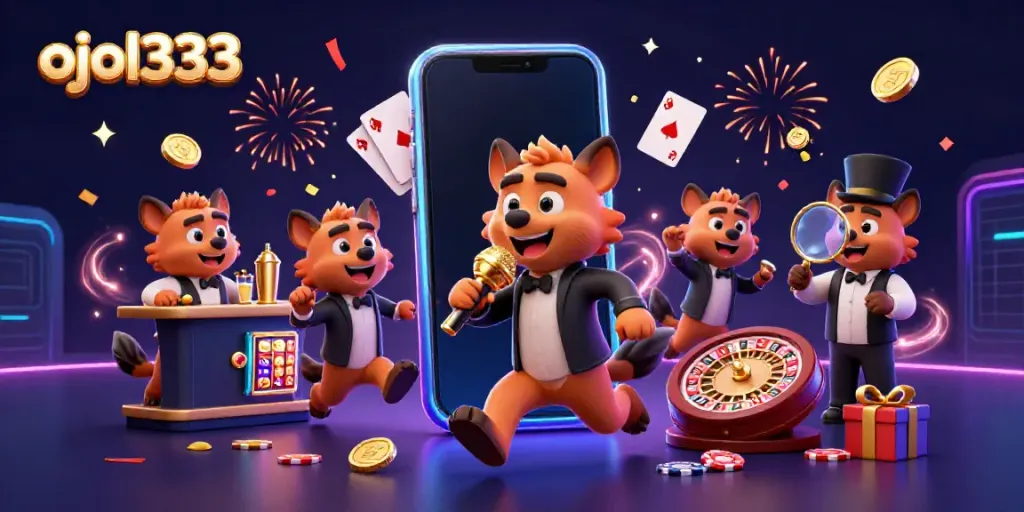 Experience the thrilling world of ojol333 with a lively hyena casino club illustration filled with vivid game elements.