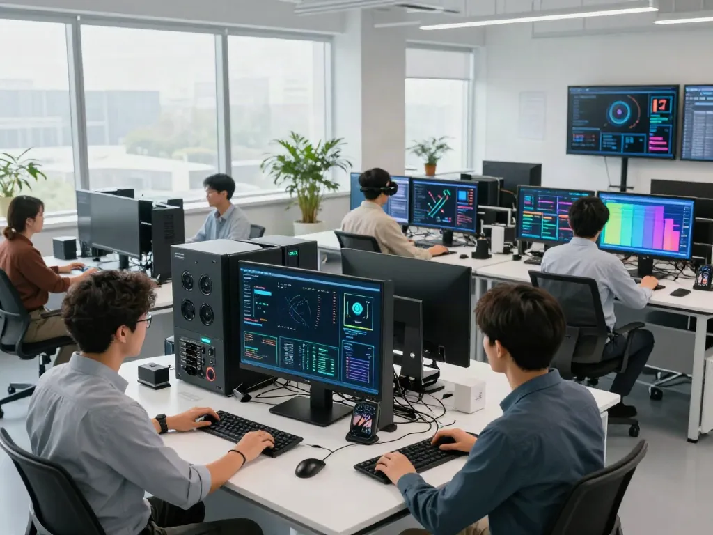 Engineers collaborating on AI inference projects in a modern tech lab with GPUs and digital displays.