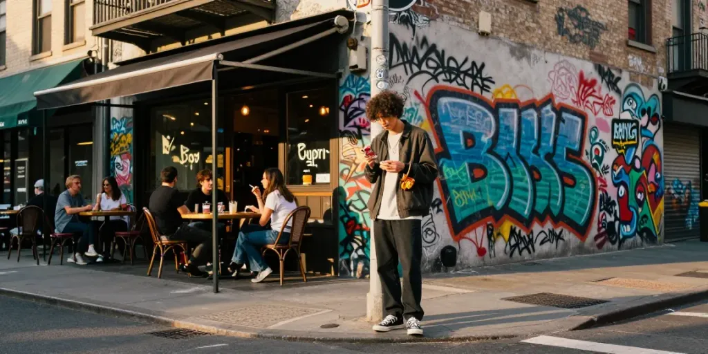 Urban lifestyle with cheap tobacco and cigarettes online, young adult holding tobacco products in vibrant street setting.