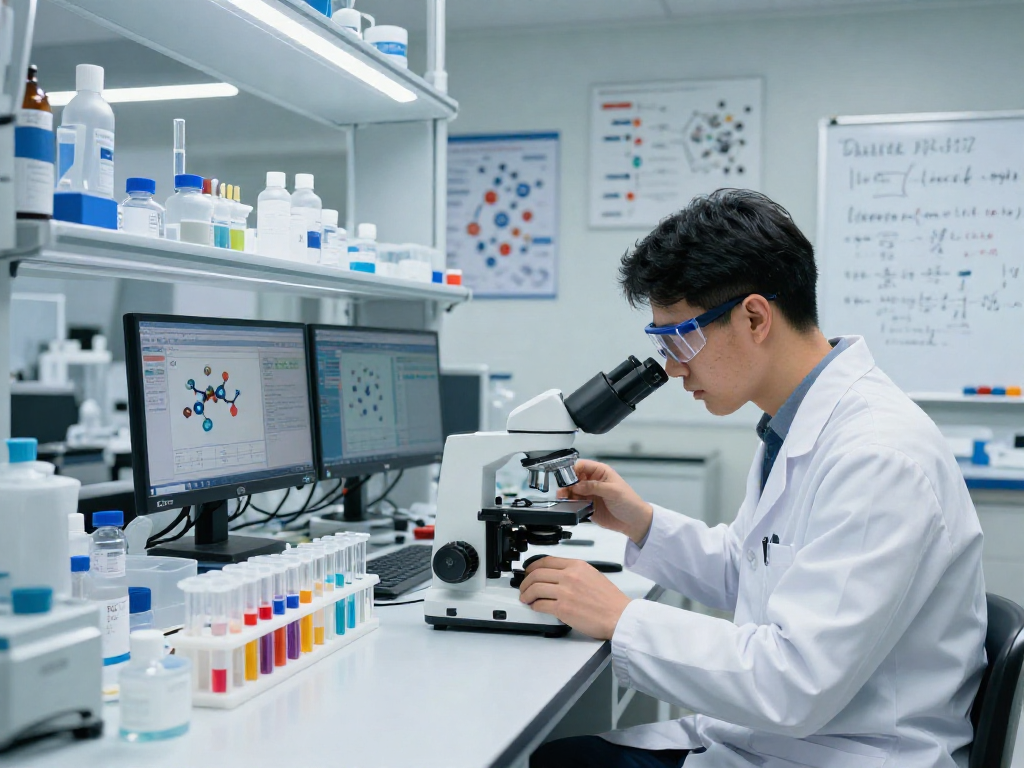 Research scientist studying BPC 157 Benefits in a modern lab environment.