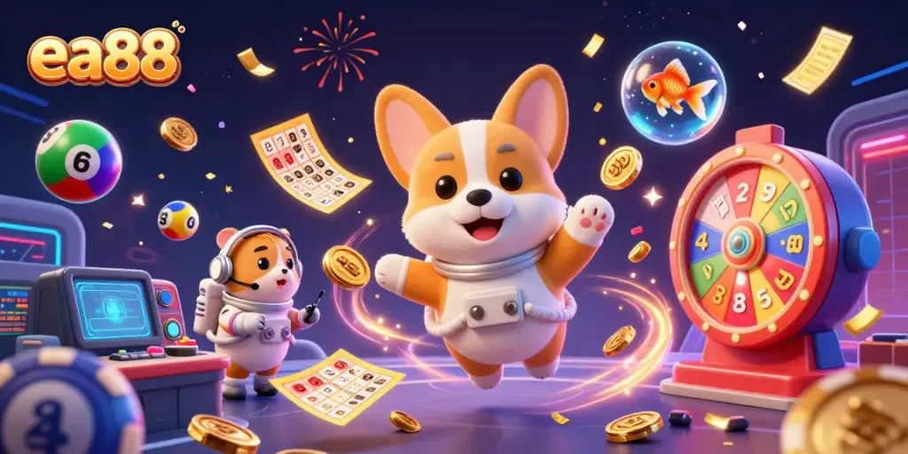 Chơi game trong casino không trọng lực với ea88, chó corgi và hamster điều khiển.