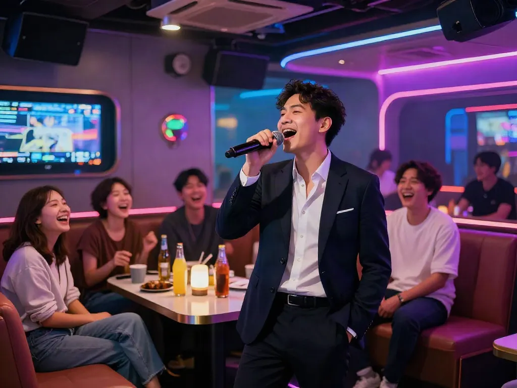 강남 달토에서 친구들과 함께 즐기는 가라오케 장면, https://daltorabbits.com/의 생동감 넘치는 밤 분위기를 담고 있습니다.