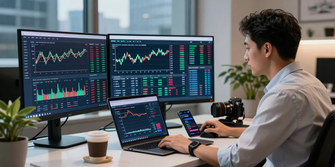 Professional trader analyzing market data using mt5 trading platform on multiple monitors