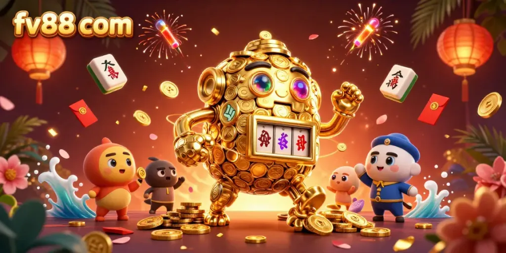 Experience winning thrills at fv88 com with a dynamic 3D scene of a golden golem and gaming motifs.