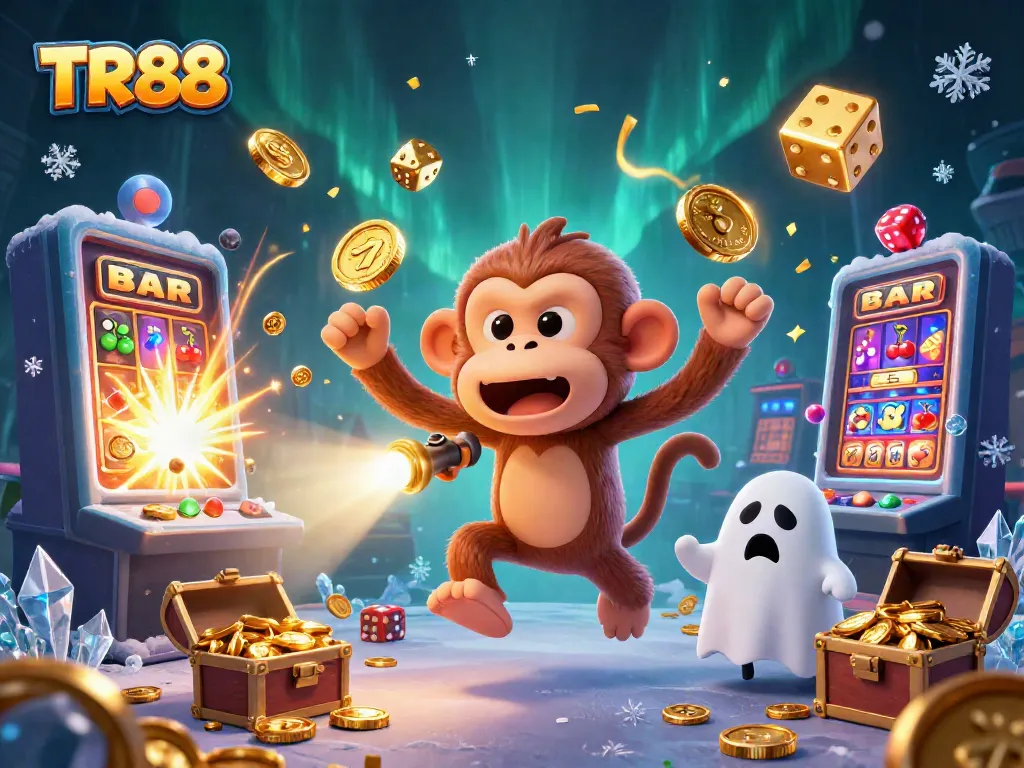 Engage with TR88 in a dynamic casino scene filled with golden coins and slot machine excitement.