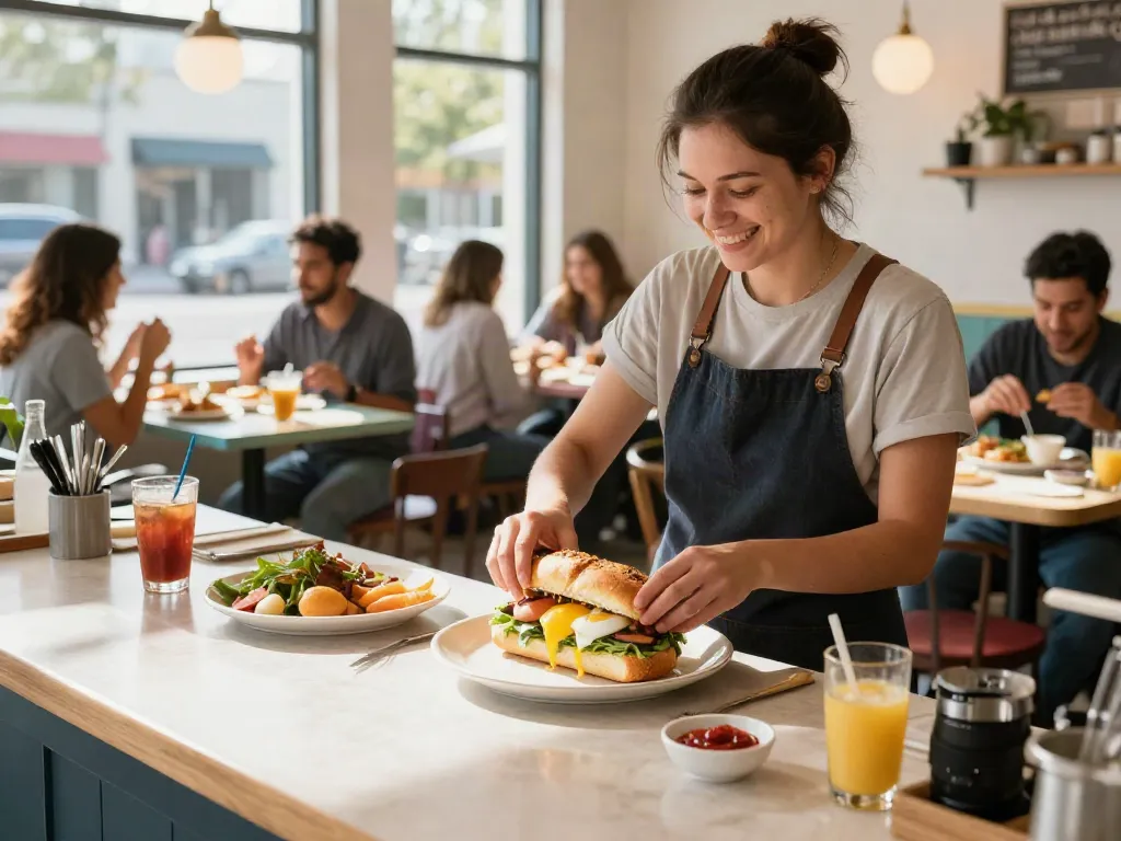 Enjoy a delicious breakfast near me (Austin Texas area) at a vibrant café showcasing NYC-inspired sandwiches and a lively atmosphere.