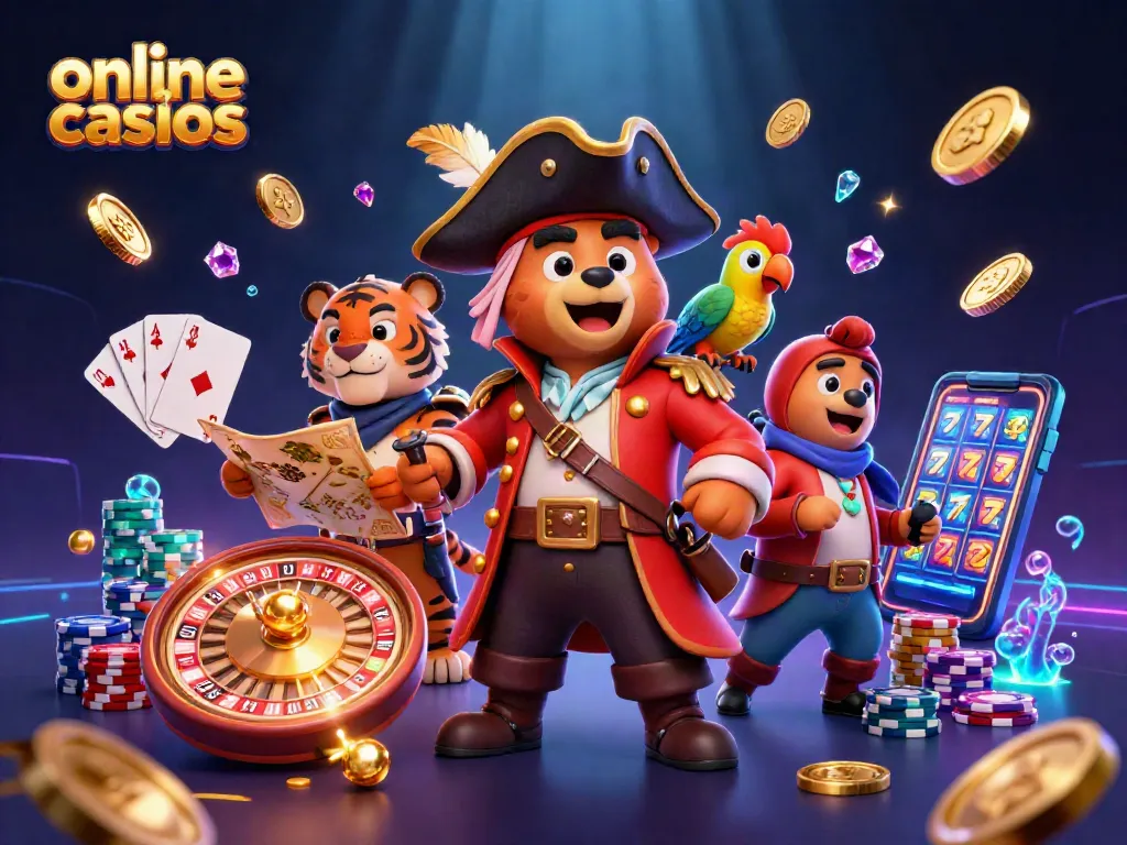 Experience the excitement of online casinos with a pirate captain bear and tiger amid golden coins and roulette wheels.