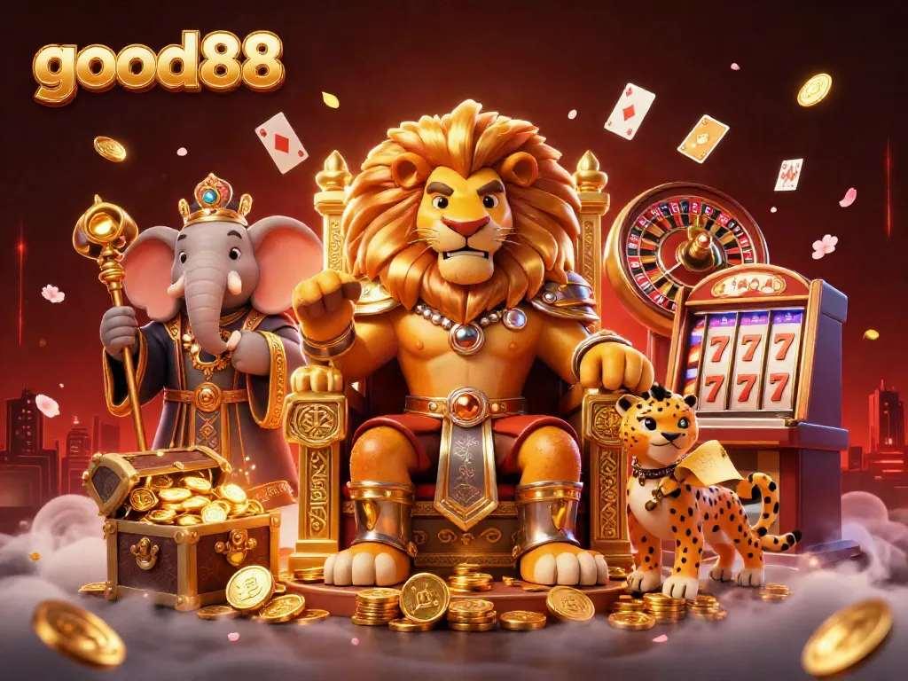 Experience the excitement of good88 as a cartoon lion king, elephant advisor, and cheetah messenger navigate a vibrant casino scene filled with treasures.