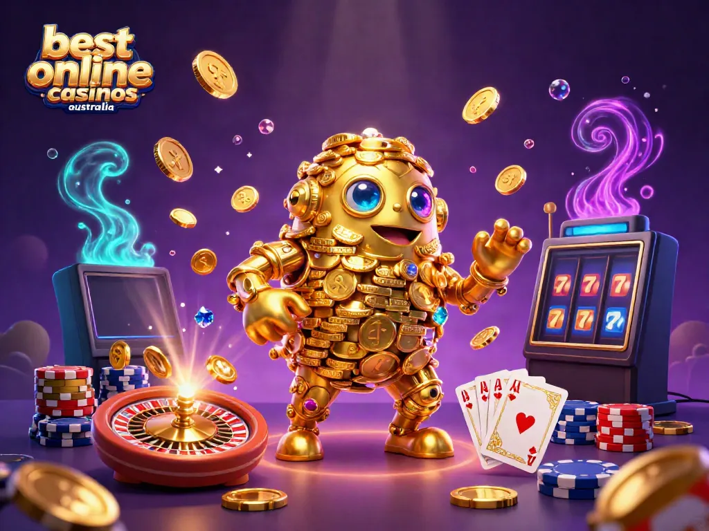 Experience the excitement of the best online casinos australia with colorful game elements and a golden golem.