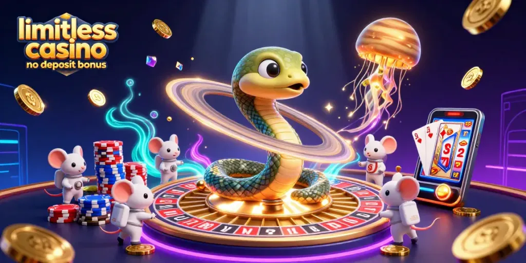 Experience the limitless casino no deposit bonus with animated astronauts betting around a roulette wheel.