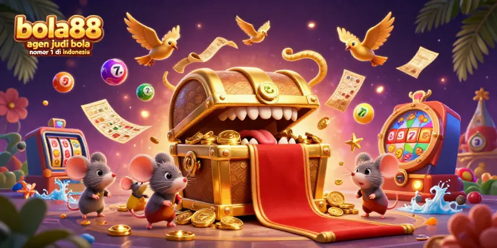 Bola88 agen judi bola nomor 1 di indonesia showcases a vibrant casino scene with lottery and slot game elements.