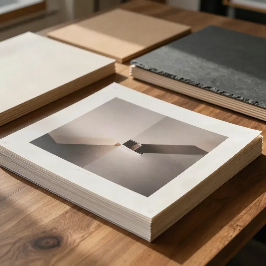Stack of limited-edition prints, archival sleeves, matte board, and oak frame sample in warm light.