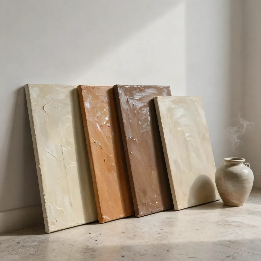 Three wet impasto paintings lean by a studio wall beside a canvas roll and ceramic jar.