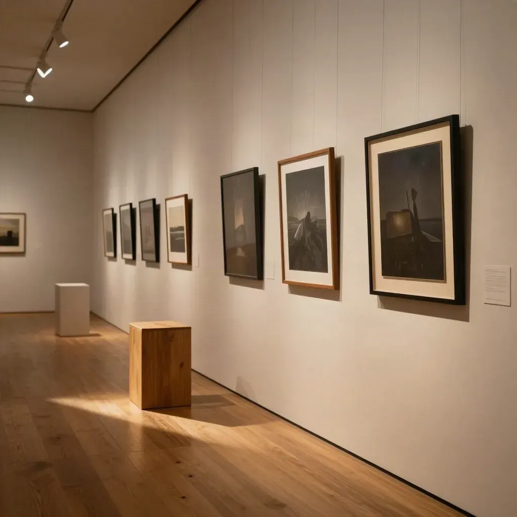 Small gallery exhibition wall with hanging rails, framed backs, and pedestal cubes in warm light.