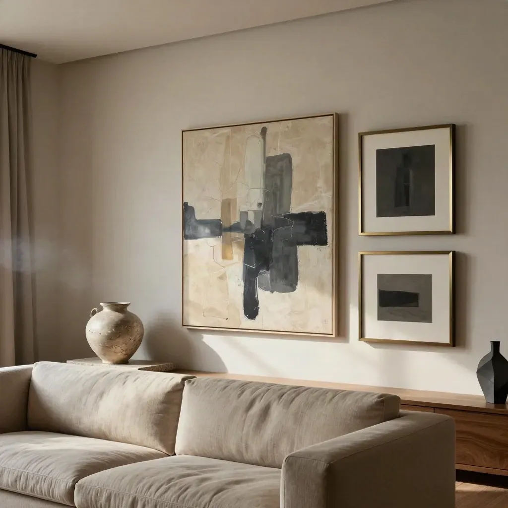 Curated living room art wall with abstract canvas, framed works, ceramic on limestone plinth.
