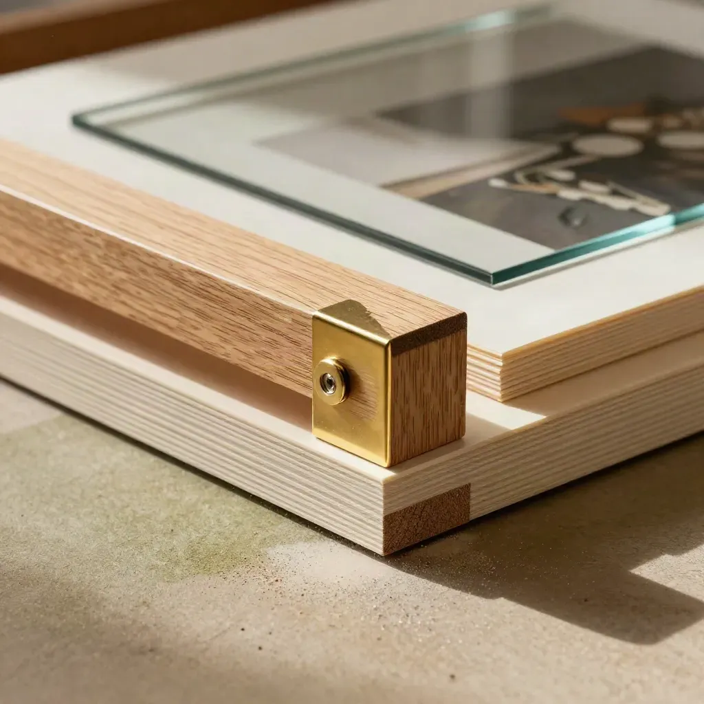 Extreme macro of a custom framing bench with oak joints, mats, glass, and a finished frame.