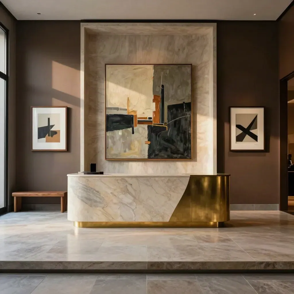 Warm law-office lobby with framed art, a large painting, stone floors, and a brass reception niche.