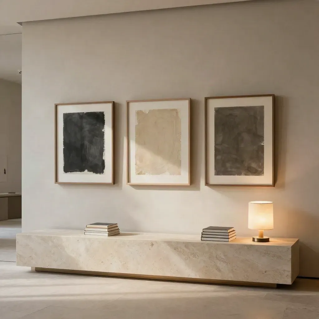 Contemporary gallery wall with three framed works above a stone credenza and glowing low lamp.