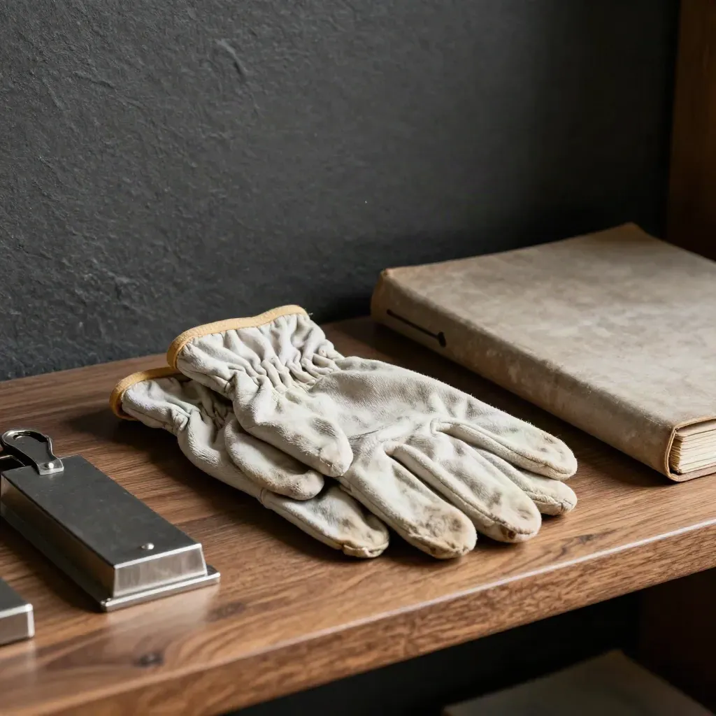 Curator tools: archival gloves, mounting clips, pedestal block and conservation folio on a dark shelf
