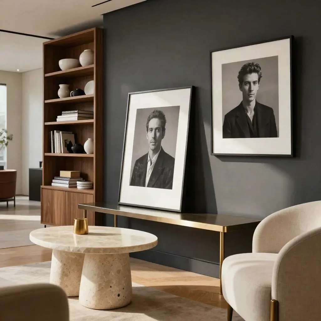 Office lounge with framed artist prints, shelving, and a stone side table in soft daylight.