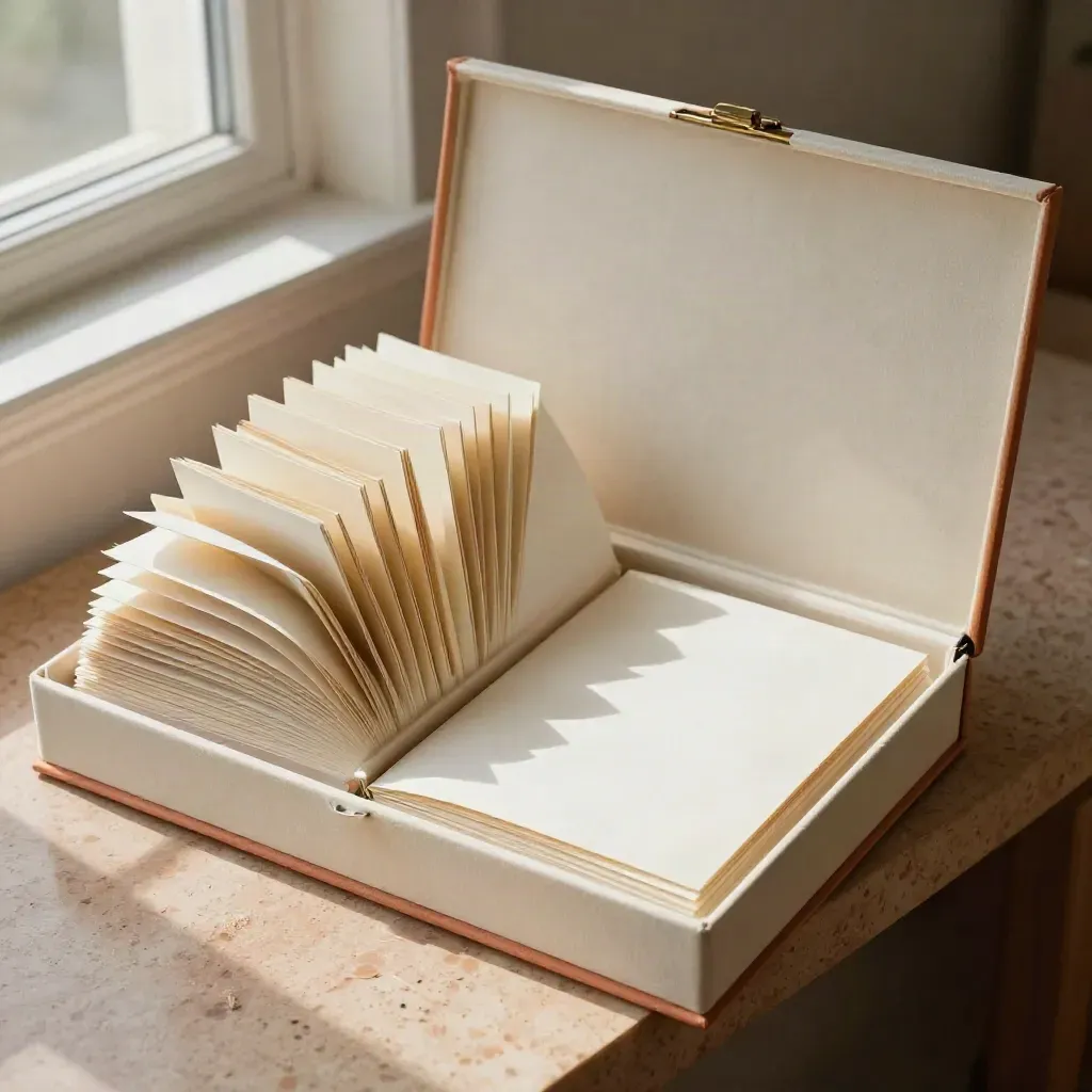 Top-down collector folios and an ivory-lined box on a travertine surface.