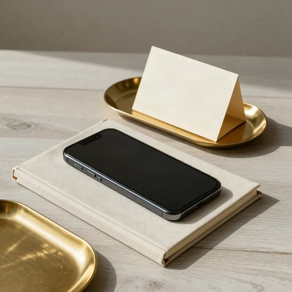 Dark phone, linen notebook, brass tray and folded swatch on pale wood in soft daylight.