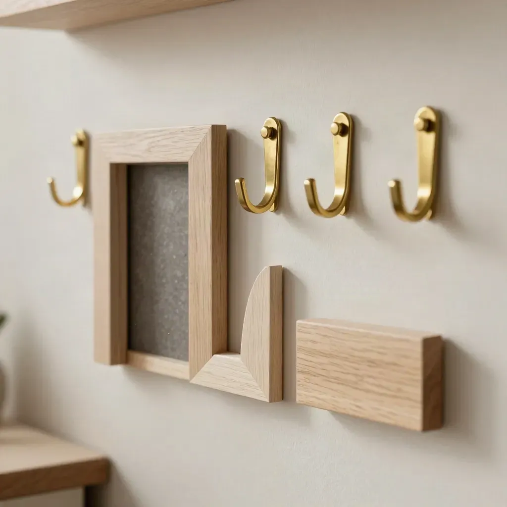 Brass hooks, wall anchors, framed corner sample, and wood spacer on plaster.