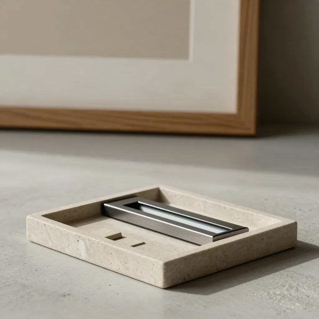Stone tray with frame corners, picture light, and spacer wedges in soft daylight.