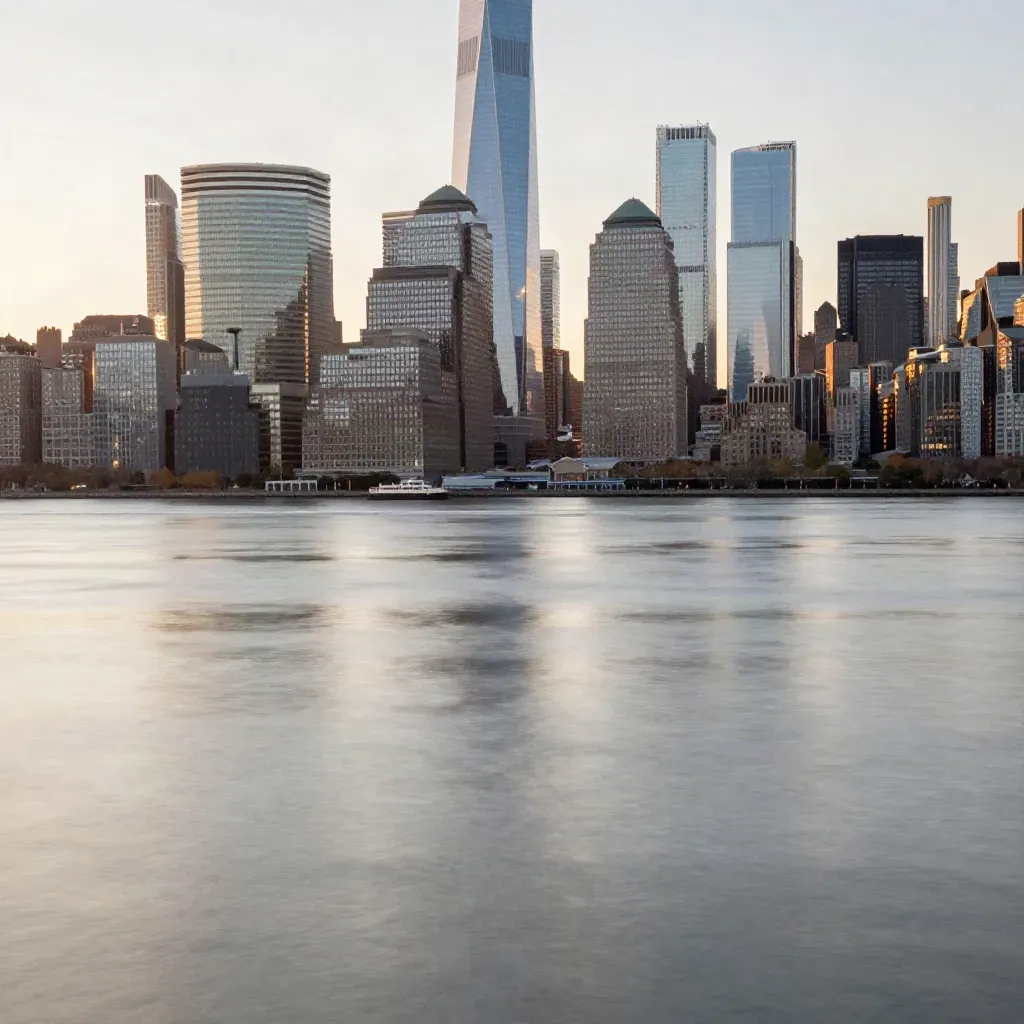 Lower Manhattan skyline over the East River at golden hour, calm water and hazy high-rise silhouettes.